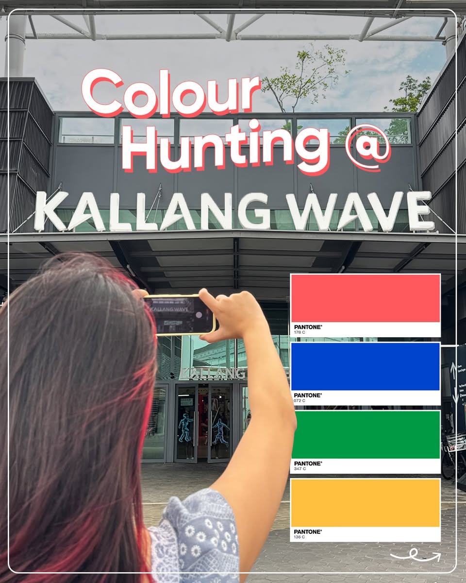 Colour Hunting at Kallang Wave Mall with Pantone swatches on building facade