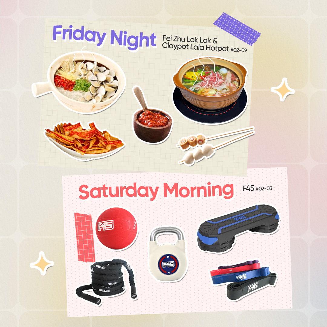 A vibrant scene at Kallang Wave Mall, symbolizing balance between food and fitness activities.