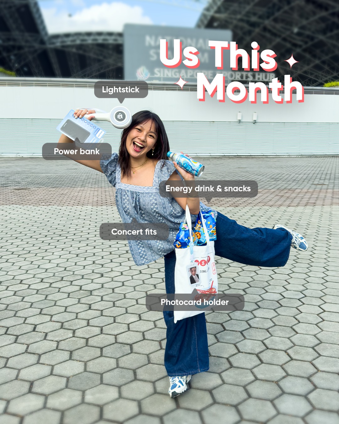 A vibrant collection of K-Pop concert essentials, including a lightstick, fan merchandise, a clear bag, and a portable charger, set against a dynamic background.