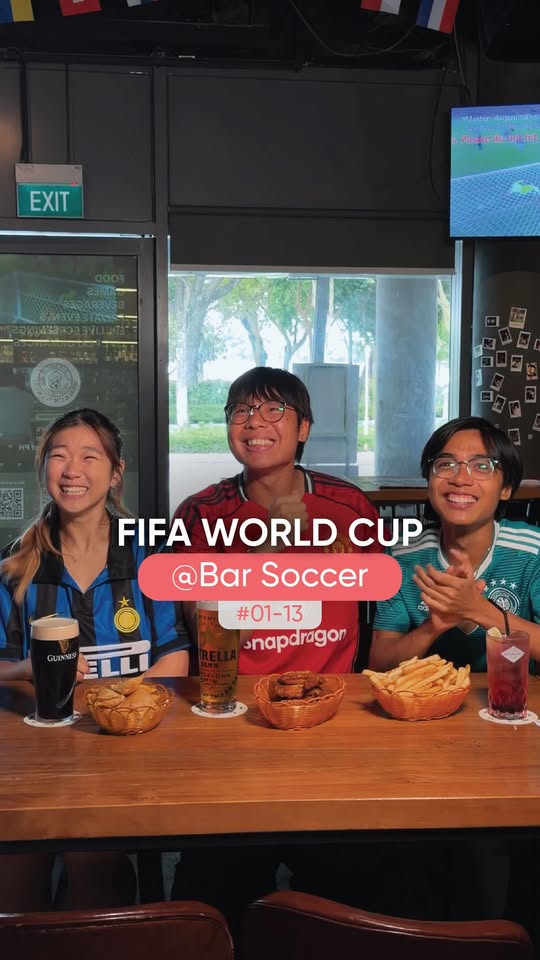 Bar Soccer interior at Kallang Wave Mall with Guinness beer glasses and World Cup screening setup